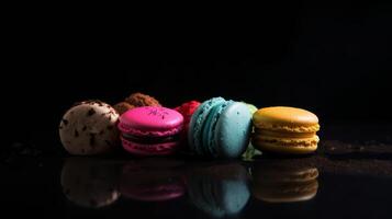 Multi flavored macaroons against dark background. Illustration photo