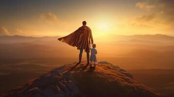 Father's Day Background. Superhero Father with Child. Illustration AI Generative photo