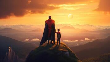 del padre día antecedentes. superhéroe padre con niño. ilustración ai generativo foto
