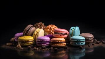 Multi flavored macaroons against dark background. Illustration photo