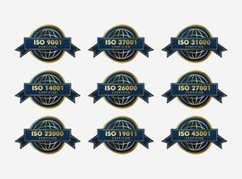 Set of ISO Certification stamp and labels quality management system, ISO 9001, ISO 22000, ISO 14001 vector