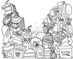 Cake and Cooking Doodle Coloring Page For Kids and Adult vector