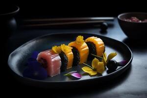 Sushi en negro antecedentes. ilustración ai generativo foto