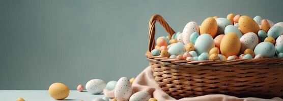 the easter basket with colorful eggs and a few candy, in the style of minimalist backgrounds, bunny with eggs with a box, in the style of soft color blending, Illustration photo