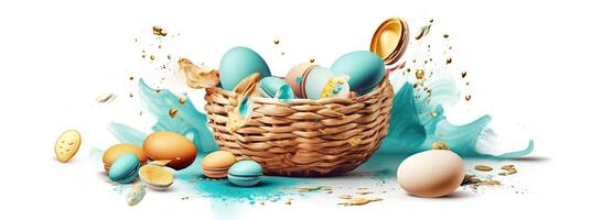 the easter basket with colorful eggs and a few candy, in the style of minimalist backgrounds, bunny with eggs with a box, in the style of soft color blending, Illustration photo