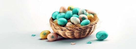 the easter basket with colorful eggs and a few candy, in the style of minimalist backgrounds, bunny with eggs with a box, in the style of soft color blending, Illustration photo