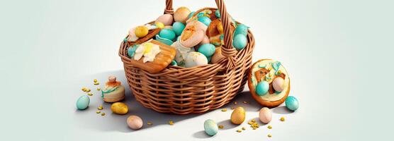 the easter basket with colorful eggs and a few candy, in the style of minimalist backgrounds, bunny with eggs with a box, in the style of soft color blending, Illustration photo