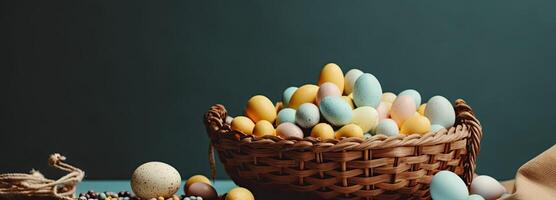 the easter basket with colorful eggs and a few candy, in the style of minimalist backgrounds, bunny with eggs with a box, in the style of soft color blending, Illustration photo