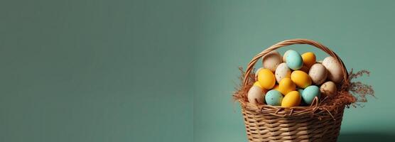the easter basket with colorful eggs and a few candy, in the style of minimalist backgrounds, bunny with eggs with a box, in the style of soft color blending, Illustration photo