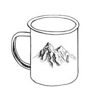 Hand drawn vector illustration of a mug decorated with mountains in doodle style on white background. Isolated black outline. Camping and tourism equipment.