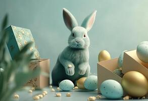 the easter basket with colorful eggs and a few candy, in the style of minimalist backgrounds, bunny with eggs with a box, in the style of soft color blending, illustration photo