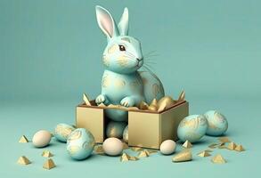 the easter basket with colorful eggs and a few candy, in the style of minimalist backgrounds, bunny with eggs with a box, in the style of soft color blending, illustration photo