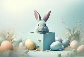 the easter basket with colorful eggs and a few candy, in the style of minimalist backgrounds, bunny with eggs with a box, in the style of soft color blending, illustration photo
