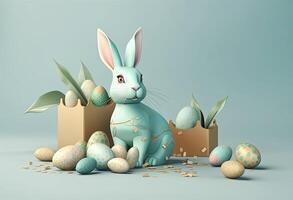 the easter basket with colorful eggs and a few candy, in the style of minimalist backgrounds, bunny with eggs with a box, in the style of soft color blending, illustration photo