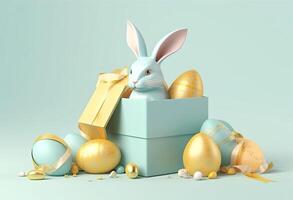 the easter basket with colorful eggs and a few candy, in the style of minimalist backgrounds, bunny with eggs with a box, in the style of soft color blending, illustration photo