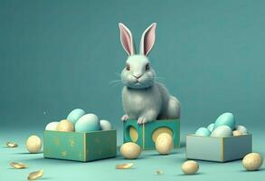 the easter basket with colorful eggs and a few candy, in the style of minimalist backgrounds, bunny with eggs with a box, in the style of soft color blending, illustration photo