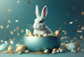 the easter basket with colorful eggs and a few candy, in the style of minimalist backgrounds, bunny with eggs with a box, in the style of soft color blending, illustration photo