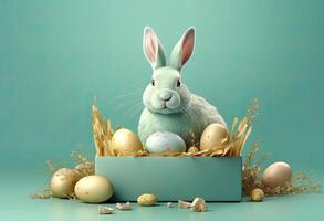 the easter basket with colorful eggs and a few candy, in the style of minimalist backgrounds, bunny with eggs with a box, in the style of soft color blending, illustration photo