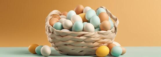 the easter basket with colorful eggs and a few candy, in the style of minimalist backgrounds, bunny with eggs with a box, in the style of soft color blending, illustration photo