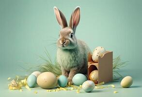 the easter basket with colorful eggs and a few candy, in the style of minimalist backgrounds, bunny with eggs with a box, in the style of soft color blending, illustration photo