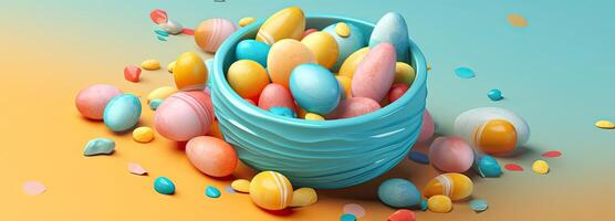 el Pascua de Resurrección cesta con vistoso huevos y un pocos dulce, en el estilo de minimalista antecedentes, conejito con huevos con un caja, en el estilo de suave color mezcla, ilustración generativo ai foto