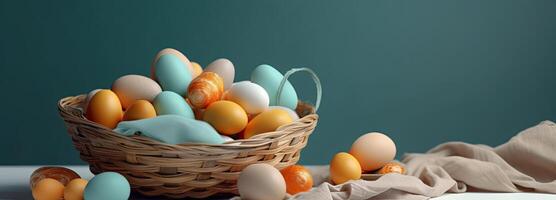 the easter basket with colorful eggs and a few candy, in the style of minimalist backgrounds, bunny with eggs with a box, in the style of soft color blending, photo