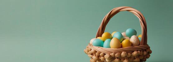 the easter basket with colorful eggs and a few candy, in the style of minimalist backgrounds, bunny with eggs with a box, in the style of soft color blending, photo