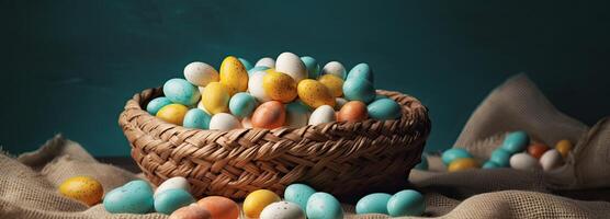 the easter basket with colorful eggs and a few candy, in the style of minimalist backgrounds, bunny with eggs with a box, in the style of soft color blending, photo