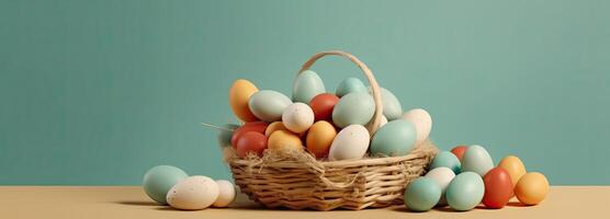 the easter basket with colorful eggs and a few candy, in the style of minimalist backgrounds, bunny with eggs with a box, in the style of soft color blending, photo