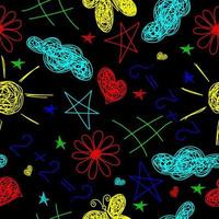 Seamless pattern with hand drawn in children style  flowers, stars, hearts, sun, clouds, on black background. vector