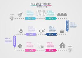 infographic timeline 8 years dotted line Arrows with white year numbers circle the start point and finish point between routes with icons. Gray gradient background. Design for marketing, product. vector