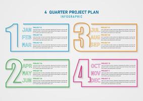 Modern infographic timeline 4 quarter business growth planning Multi-colored outline month numbers and letters Gray gradient background. Design for marketing, product, finance, investment. vector