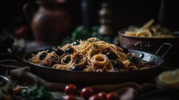 Italian spaghetti puttanesca pasta. Illustration photo