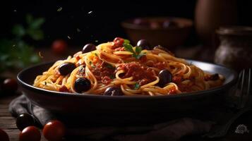 Italian spaghetti puttanesca pasta. Illustration photo