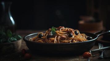 Italian spaghetti puttanesca pasta. Illustration photo