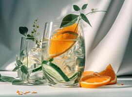 Glass of grapefruit juice with slices of orange Illustration photo