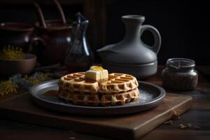 Waffle with butter and maple syrup Illustration photo