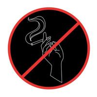 Hand with a cigarette red prohibition sign vector template.Hand with a smoking cigarette in a red circle on a black background.Line art drawing.Stop smoking sign.NO smoking