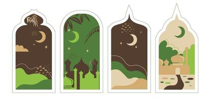 Collection of oriental green style Islamic windows and arches with modern boho design, moon, mosque dome and lanterns vector