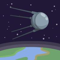 satélite en espacio orbital el tierra. Soviético sputnik mosca alrededor planeta. exploración de universo y galaxia. primero vuelo dentro espacio. moderno tecnología. dibujos animados plano ilustración vector