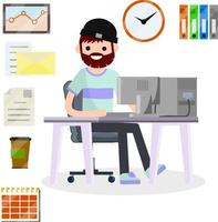 Programmer at work. Hobbies and Internet. Man sitting at table with computer and monitor. Cup of coffee and books. Freelance typing message. Cartoon flat illustration. Office set collection. vector