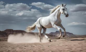 blanco caballo Galopando en el desierto. ilustración ai generativo foto