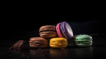 Multi flavored macaroons against dark background. Illustration photo