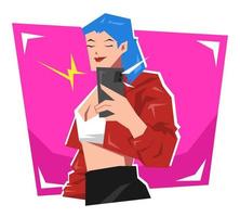 stylish young woman character taking selfie. holding and using a smartphone camera. the concept of fashion, beauty, photography, social media. cartoon vector illustration