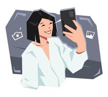 short hair young woman character smiling while taking selfie. holding and using a smartphone camera. the concept of fashion, beauty, photography, social media. cartoon vector illustration.