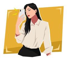 young beautiful woman character posing taking selfie. holding and using a smartphone camera. the concept of fashion, beauty, photography, technology. cartoon vector illustration.