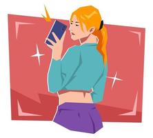 young and sexy female character posing taking selfie. holding and using a smartphone camera. the concept of fashion, beauty, photography, technology. cartoon vector illustration.