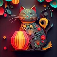 generativo ai ilustración de papel cortar encañonado multi dimensional chino estilo linda zodíaco gatito gato con linternas en fondo, popular color, chino nuevo año concepto. foto