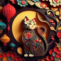 generativo ai ilustración de papel cortar encañonado multi dimensional chino estilo linda zodíaco gatito gato con linternas en fondo, popular color, chino nuevo año concepto. foto