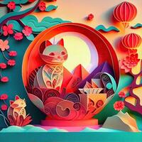 generativo ai ilustración de papel cortar encañonado multi dimensional chino estilo linda zodíaco gatito gato con linternas en fondo, popular color, chino nuevo año concepto. foto